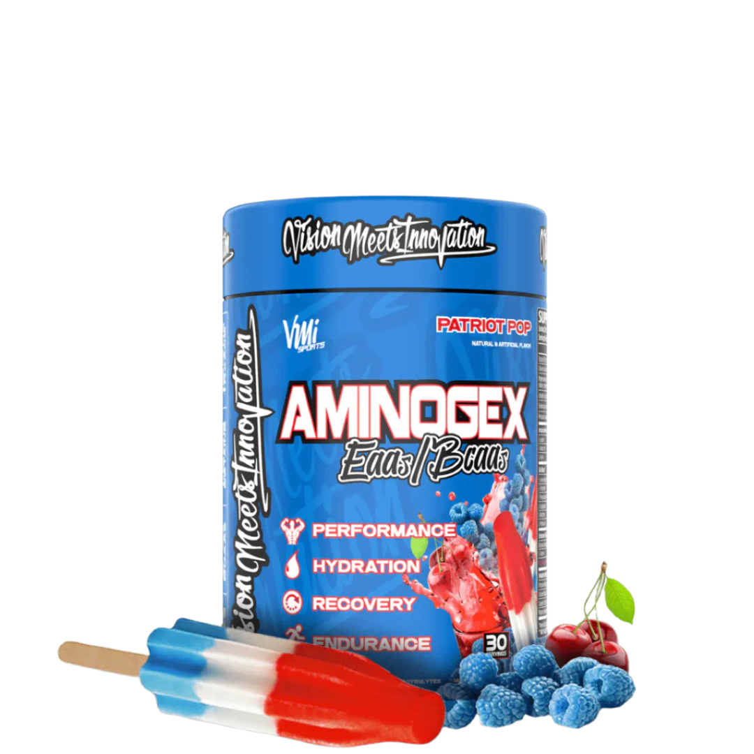 A container of Aminogex Ultra EAA + Hydration supplement, featuring graphics of a pineapple, strawberry, and coconut, indicating the flavor or tropical theme.