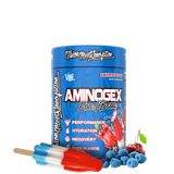 A container of Aminogex Ultra EAA + Hydration supplement, featuring graphics of a pineapple, strawberry, and coconut, indicating the flavor or tropical theme.