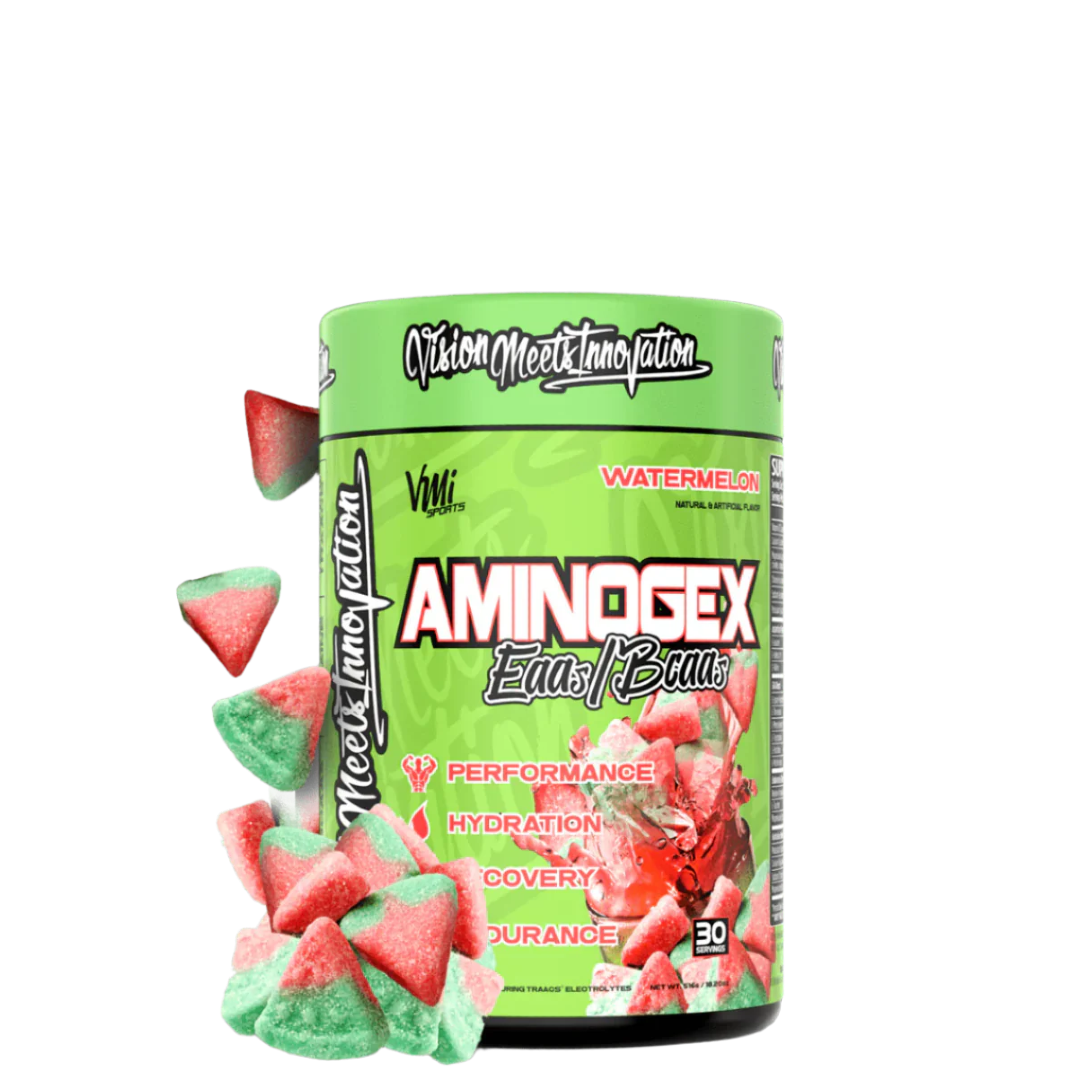 A container of Aminogex Ultra EAA + Hydration supplement, featuring graphics of a pineapple, strawberry, and coconut, indicating the flavor or tropical theme.