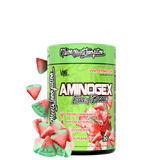 A container of Aminogex Ultra EAA + Hydration supplement, featuring graphics of a pineapple, strawberry, and coconut, indicating the flavor or tropical theme.