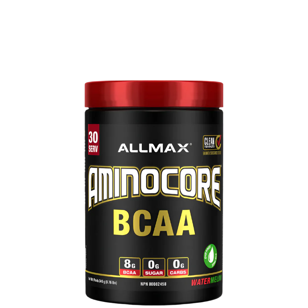 A container of Aminocore BCAA Supplement Powder by ALLMAX in black color with red and pink text, indicating the flavor as Pink Lemonade.