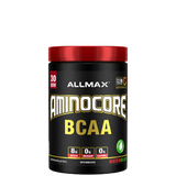 A container of Aminocore BCAA Supplement Powder by ALLMAX in black color with red and pink text, indicating the flavor as Pink Lemonade.