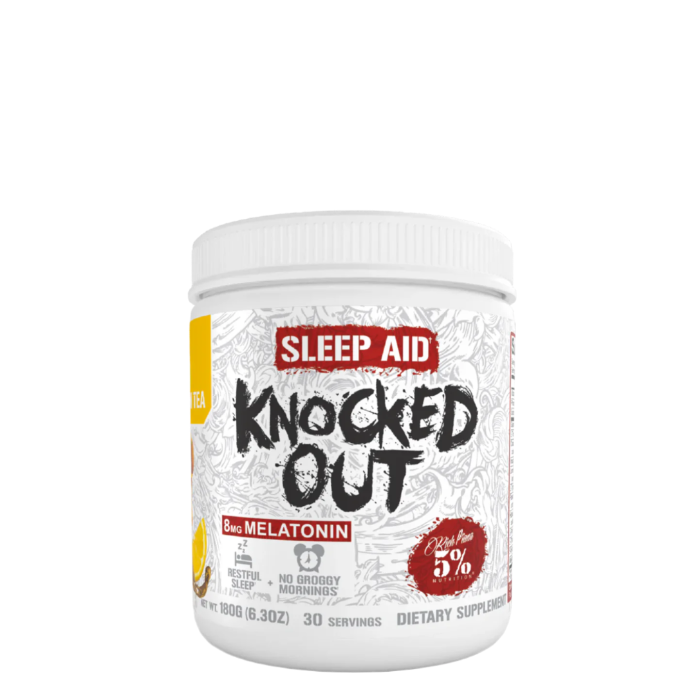 A container of Knocked The F*ck Out Sleep Aid supplement by 5% Nutrition.