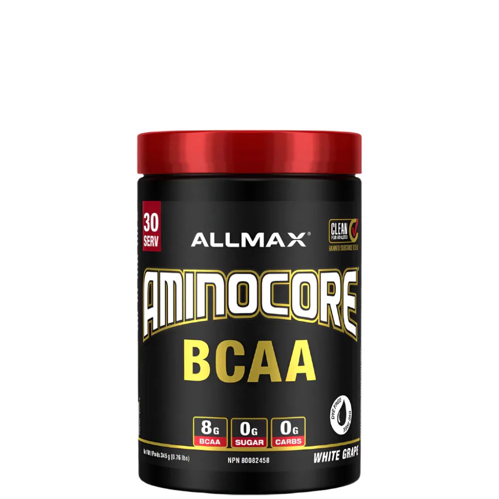 A container of Aminocore BCAA Supplement Powder by ALLMAX in black color with red and pink text, indicating the flavor as Pink Lemonade.