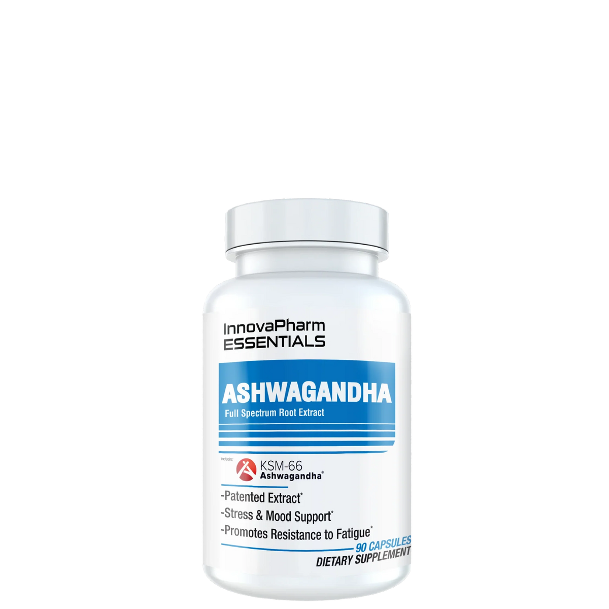 A bottle of InnovaPharm Ashwagandha dietary supplement, with label detailing product information and benefits.