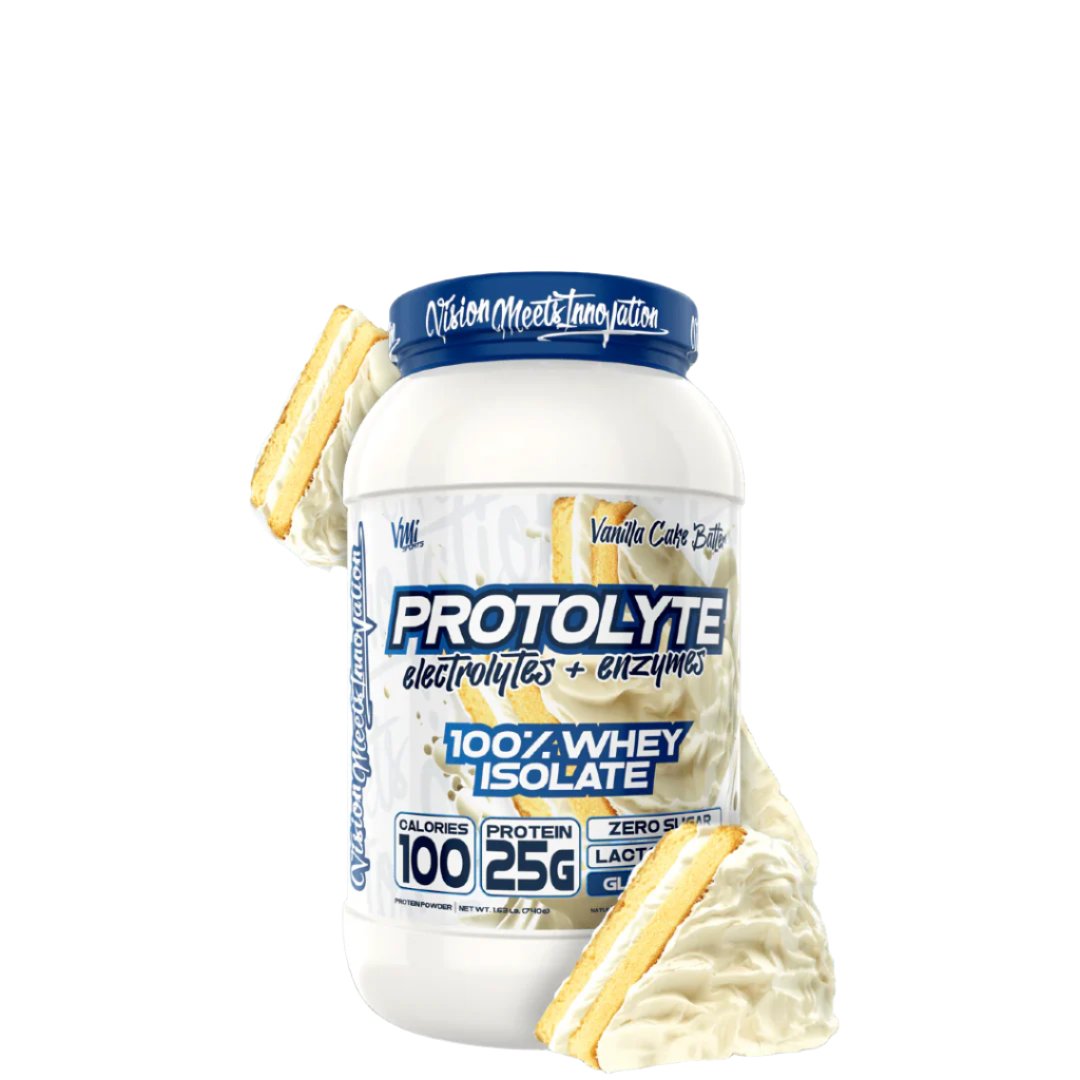 A container of VMI Sports Protolyte 100% Whey Isolate Protein powder with electrolytes and enzymes, vanilla flavor, with pink and white labeling.