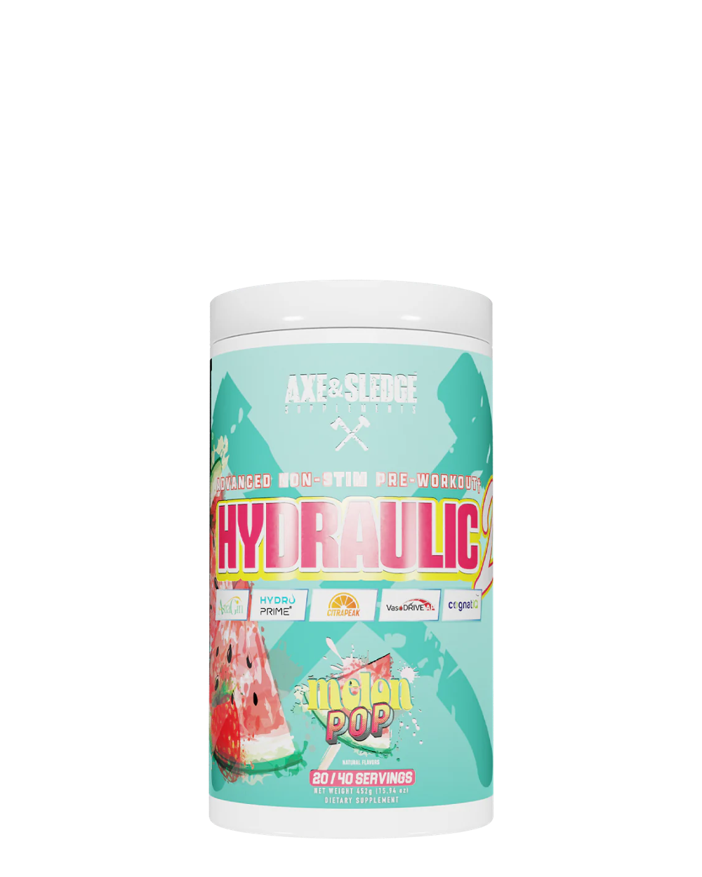 A container of Axe & Sledgegear HYDRAULIC V2 pre-workout supplement with a blue label featuring an animated bear character and various branded graphics.